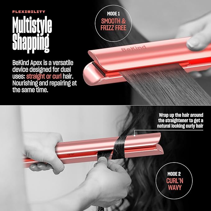 Bekind Apex 2-in-1 Hair Straightener Flat Iron | 1“ 460°F Straightener and Curler for All Hairstyles | UltraSmooth Tech | 15s Fast Heating & Temp Memory | Gift Set for Girls Women (Apex Peach)