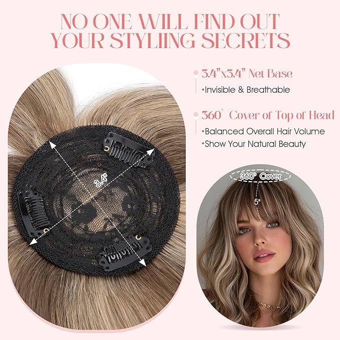 Hairro Mono Hair Toppers with Bangs, 3.4" x 3.4" Mono Base 100% Real Human Hairpieces for Women, 150% Density Clips In Topper for Greyish Thinning Hair, 14 Inch Medium Brown Mix Dark Blonde