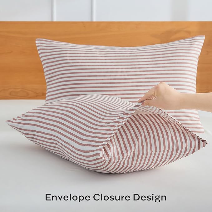 JELLYMONI 100% Natural Cotton Striped King Pillowcases Set, 2 Pack White and Pink Stripes Pattern Printed Pillow Covers with Envelope Closure(Pillows are not Included)