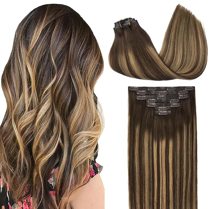 GOO GOO Clip in Hair Extensions Real Human Hair, Remy Human Hair Extensions Clip ins for Women, Natural Human Hair, 24inch 160g 7Pcs, 4/27/4 Balayage Chocolate Brown to Caramel Blonde