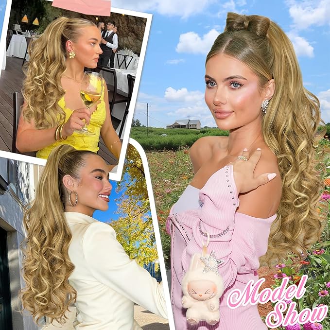 ALXNAN Ponytail Extension,24 Inch Claw Clip in Long Curly Wavy Medium Blonde with Blonde Highlights Ponytail Hair Extension Jaw Clip on Pony Tails Hairpiece for Women