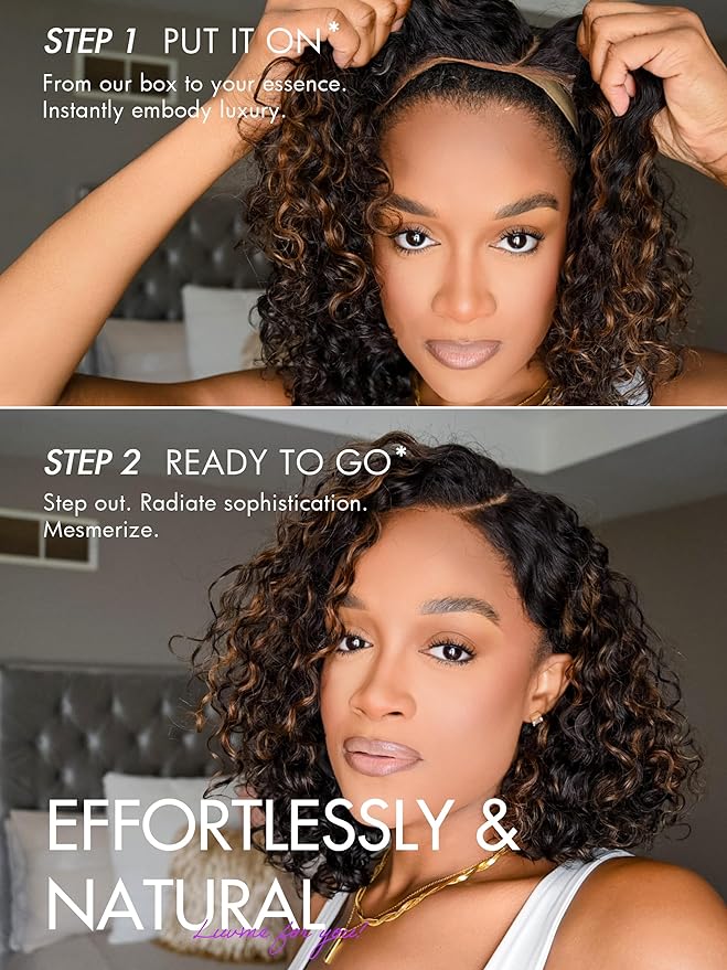 LUVME HAIR 12" Curly Glueless Wigs Human Hair Pre Plucked Pre Cut, Undetectable HD Lace Curly Bob Wig Human Hair Short Black Wig with Blonde Highlights Ready to Go Wig 180 Density