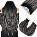 Sunny Hair Tape in Hair Extensions Human Hair 14 Inch Hair Extensions Real Human Hair Tape in Extensions for Women Natural Black Roots to Silver Grey Balayage Virgin Hair Natural Straight 10Pcs 25g