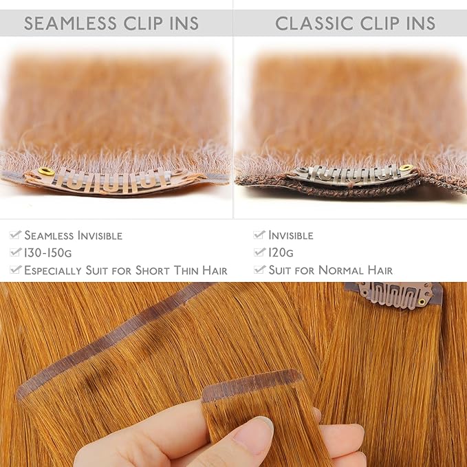 WENNALIFE Seamless Clip In Hair Extensions Human Hair, 24 Inch 160g 7pcs Auburn Ginger Real Hair Extensions Clip in Human Hair Invisible PU Skin Weft Natural Remy Human Hair Extensions