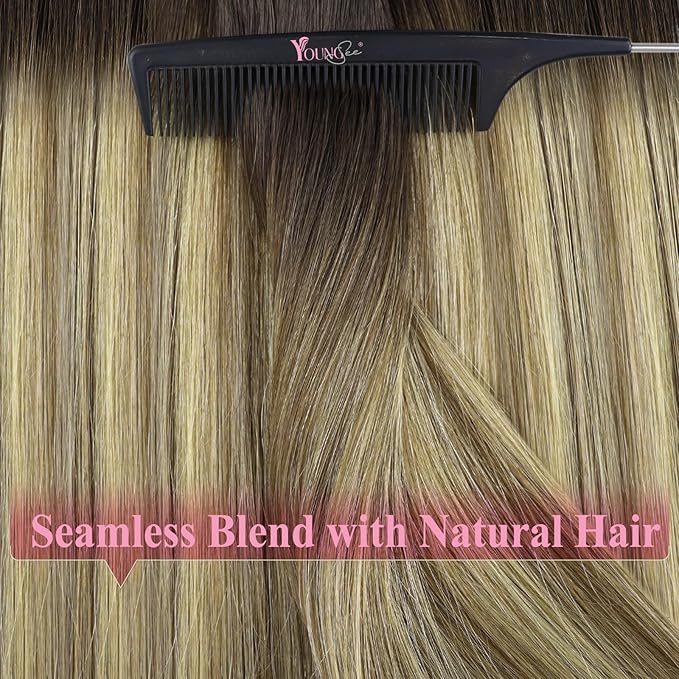 YoungSee Tape in Extensions Balayage Tape in Hair Extensions Human Hair Ombre Dark Brown to Brown with Blonde Tapes on Hair Extension 20pcs Real Hair 22In Long Hair Extension 50g for Parties