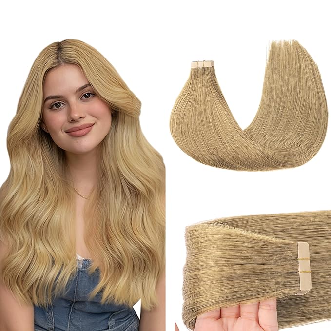 GOO GOO Tape in Hair Extensions Human Hair, 7 Bronde, 10inch 30g 20pcs, Skin Weft Seamless Invisible, Silky Straight with Thick Ends, Remy Human Hair