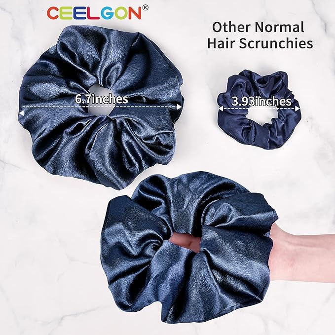CEELGON Black Big Satin Scrunchies for Women Large Scrunchie Blue Satin Hair Ties Oversized Thick Elastic Jumbo Hair Scrunchies 6 Pack (black,gold,champagne,blue,green,white)