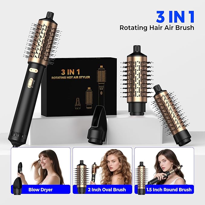 4 in 1 Rotating Hair Dryer Brush Spinning with Detachable Brush(2" & 1.5"),Negative Ionic Brush Blow Dryer 100-120V,3 Heats and 2 Speeds Rotating Hot Air Brush for Curling,Straight,Drying
