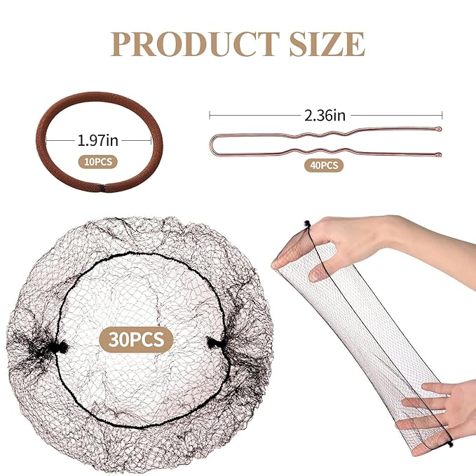 80Pcs Hair Net Set，30 Invisible Elastic Nylon Hair Net，40 U-Shaped Hair Pins and 10 Elastic Hair Ties,Perfect for Ballet Bun, Food Service, and Everyday Use（Brown）