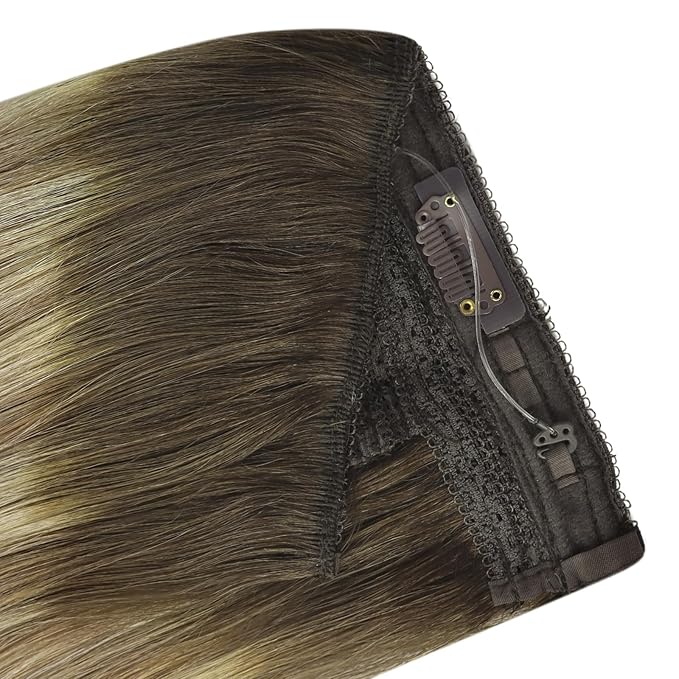 YoungSee Invisible Wire Hair Extensions Brown Balayage Human Hair Wire Extensions Walnut Brown Ombre Blonde Highlights One Piece Hair Extensions Heat-Stylable Straight Hair 16inch 80g