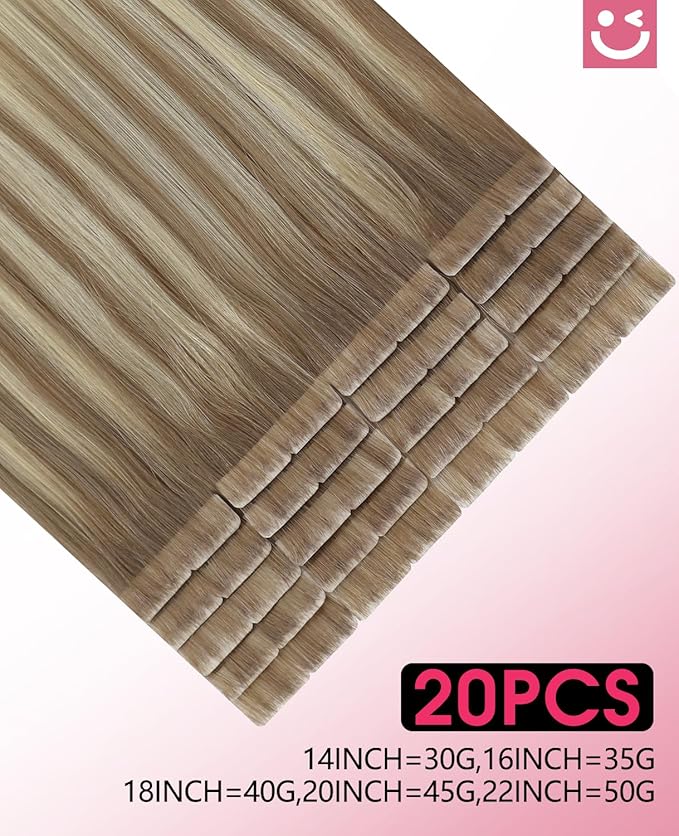 Youngsmile Invisible Tape in Hair Extensions Human Hair #8T60 Ash Brown to Platinum Blonde Balayage Injection Tape in Hair Extensions 20pcs 30g 14 Inch (#8T60,14'')
