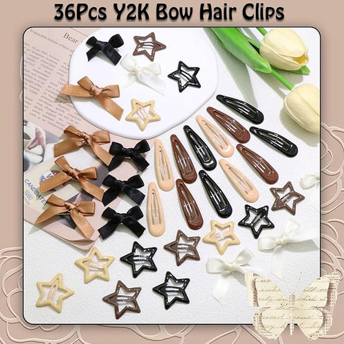 36Pcs Brown Mini Bow Hair Clips Y2K Star Metal Snap Hair Barrettes Small Hair Bows Water Drop No Slip Hair Clips for Women Cute Bowknot Star Hair Pins Accessories for Girls