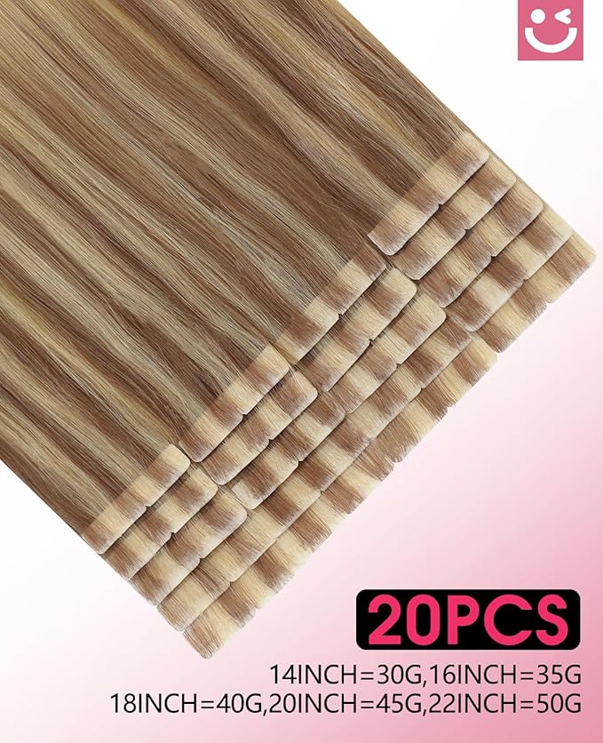 Youngsmile Injection Tape in Hair Extensions Human Hair Balayage #10/27/27 Golden Brown to Caramel Blonde 20pcs 45g 20 Inch Injected Tape in Hair Extensions Seamless Remy Human Hair (#10/27/27,20'')