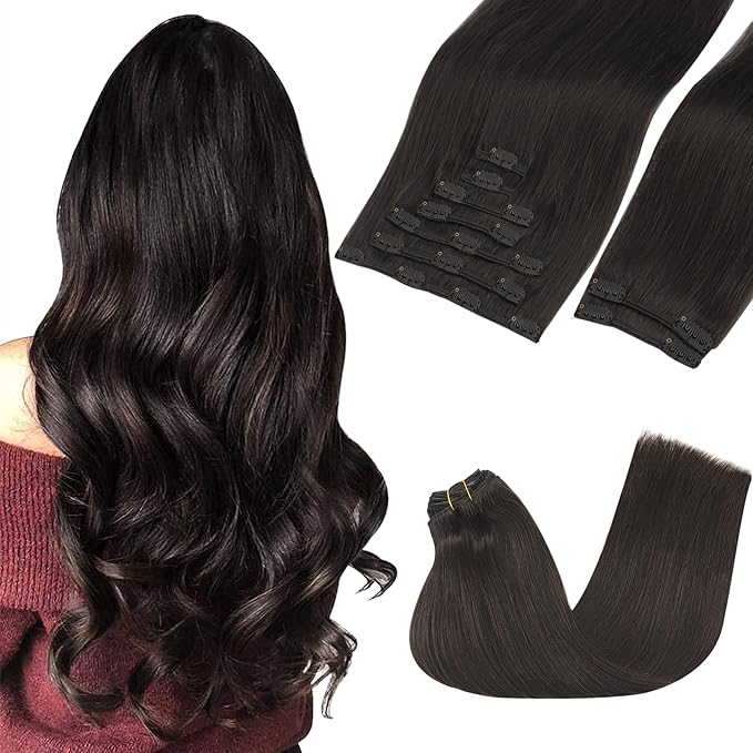 GOO GOO Clip in Hair Extensions Real Human Hair, Remy Human Hair Extensions Clip ins for Women, Natural Human Hair, 18inch 150g 9Pcs, 2 Dark Brown