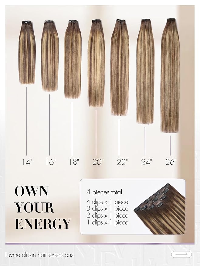 LUVME Clip in Hair Extensions, Straight Seamless 24 Inch 70g 4Pcs Chestnut Brown, 100% Real Remy Human Hair, Soft Natural Full Max Invisible Comfortable Hair Extensions for Women