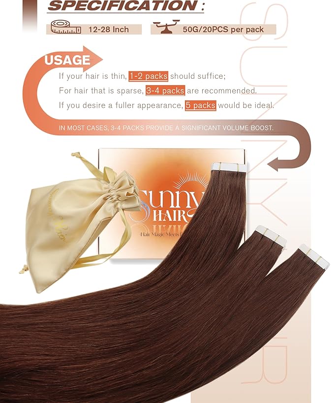Sunny Hair Tape in Hair Extensions Real Human Hair Invisible Remy Hair Extensions Tape ins for Women Auburn Brown 14 inch 20Pcs 50G