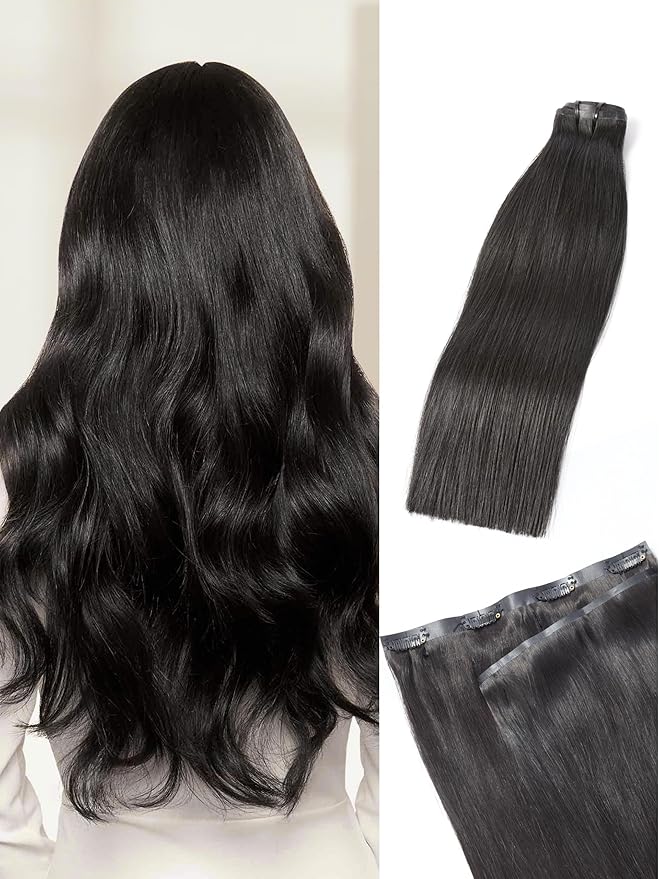LUVME Straight Seamless 70g 4Pcs Clip in Hair Extensions Full Max with 24inch Remy Human Hair Clip ins Extensions, Natural Black 100% Real Soft Hair