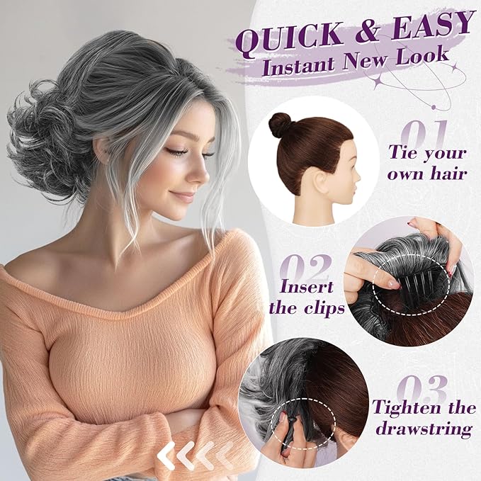 BARSDAR Short Gray Ponytail Extension - 10 Inch Wavy Drawstring Ponytail Hair Extensions for Women - Synthetic Comb Clip in Ponytail Hairpieces Fake Pony Tails Daily - Dark Gray Mixed