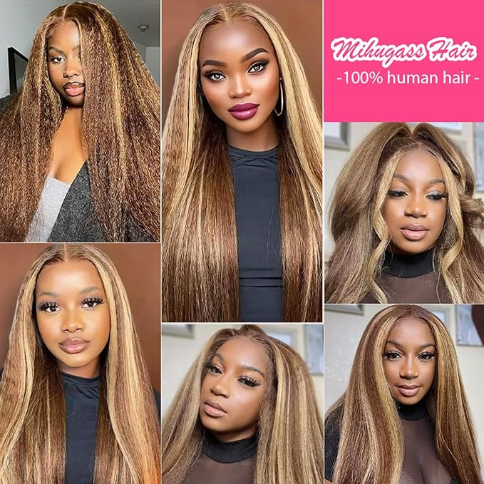 Kinky Straight Clip in Hair Extensions Real Human Highlight Clip ins For Women Unprocessed Clip on Hair Extensions(12inch,#4/27/4)