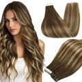 Full Shine Tape in Hair Extensions Human Hair 14Inch Double Sided Tape in Extensions Medium Brown to Light Blonde Balayage Tape ins Human Hair Extensions 20Pcs 50G Seamless Hair Extension for Wedding