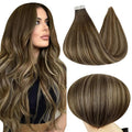 Full Shine Tape in Hair Extensions Human Hair 16Inch 20Pcs Remy Glue in Hair Extensions Tape in Color 4 Medium Brown Fading to 24 Blonde Highlight 4 Seamless Invisible Tape in Hair Extensions 50Gram