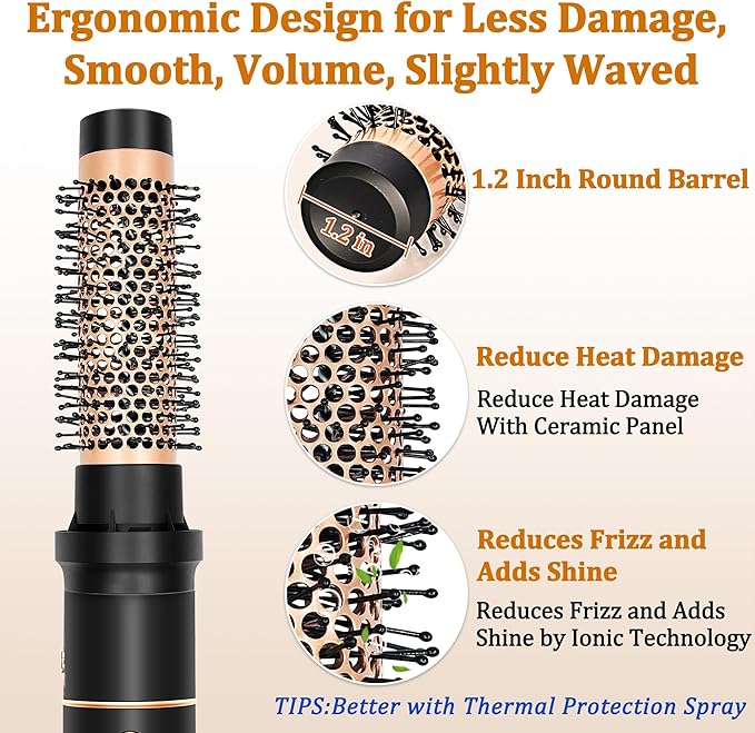 Round Hair Blow Dryer Brush - 1.2 Inch Ceramic Barrel Hair Dryer Brush for Short/Middle Hair, One Step Drying, Volumizing, Straightening and Styling, Negative Ionic Dryer Brush (Black-Golden, 1.2)