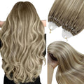 YoungSee Microlink Hair Extensions Human Hair Ombre Nicro Bead Hair Extensions Real Human Hair Brown with Blonde Balayage Micro Ring Human Hair Extensios 14In 50s 50g Pre Bonded Hair for Short Hair
