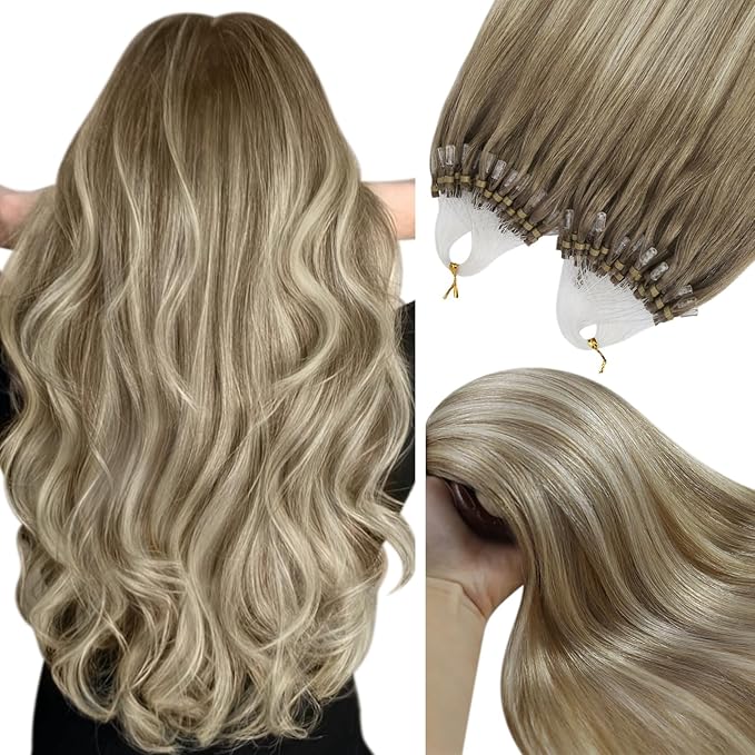YoungSee Micro Bead Hair Extensions Real Human Hair Ombre Micro Loop Hair Extensions Real Human Hair Balayage Brown Micro-Ring Hair Extension Light Brown Balayage Blonde 16In 50s 50g