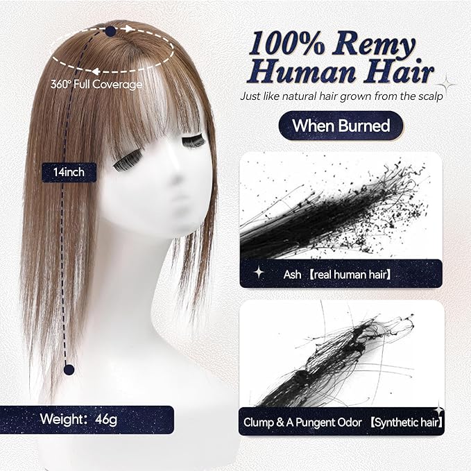 starluck Hair Toppers for Women Real Human Hair With Bangs, 100% Remy HumanHair Toppers for Women Hand-woven with Thinning,Cover Gray Roots,Adds Volume, Brown