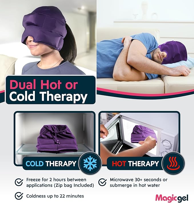 Magic Gel Migraine Ice Head Wrap | Real Migraine & Headache Relief | The Original Headache Cap | Cold, Comfortable, Dark & Cool; Endorsed by Physicians, Loved by Thousands - (2 Pack, Purple)