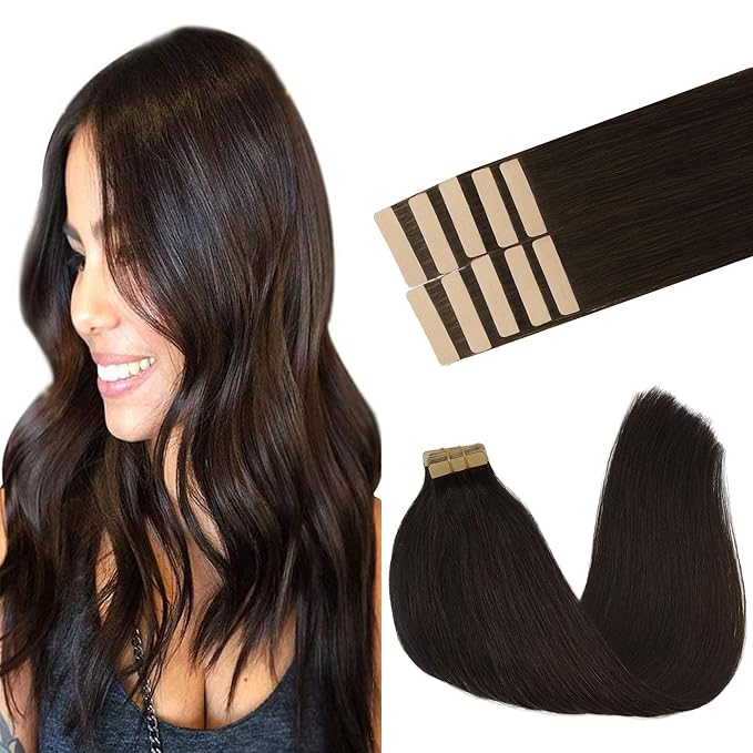 GOO GOO Tape in Hair Extensions Human Hair, 2 Dark Brown, 16inch 25g 10pcs, Skin Weft Seamless Invisible, Silky Straight with Thick Ends, Remy Human Hair