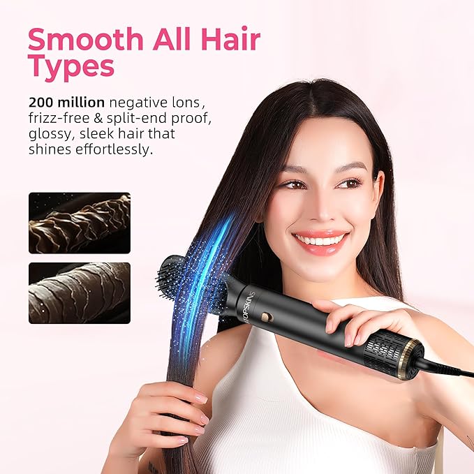 6 in 1 Blow Dryer Brush Set & Hot Air Styler, Negative Ionic Hair Dryer Brush Hair Styling Tools for Fast Drying Straightening Curling Voluming, Ideal Gifting for Women (Black)
