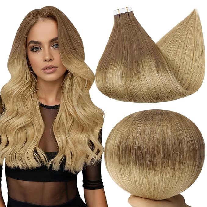 Full Shine Tape ins 12Inch Tape in Hair Extensions Human Hair Seamless Double Sided Tape Balayage 10 Light Brown Fading to 14 Golden Blonde Invisible Remy Tape in Human Hair Extensions 30G 20Pcs
