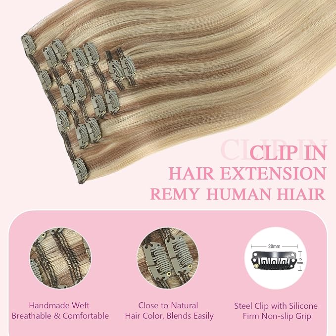PINKPEARL Clip in Hair Extensions Real Human Hair #10/16/16 Golden Brown to Caramel Blonde Human Hair Clip in Hair Extensions 7pcs 120g 14inch Human Hair Extensios Clip ins(#10/16/16-14)