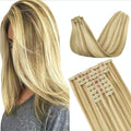 GOO GOO Clip in Hair Extensions Real Human Hair, Remy Human Hair Extensions Clip ins for Women, Natural Human Hair, 14inch 150g 9Pcs, #16/22 Light Blonde Highlighted Golden Blonde