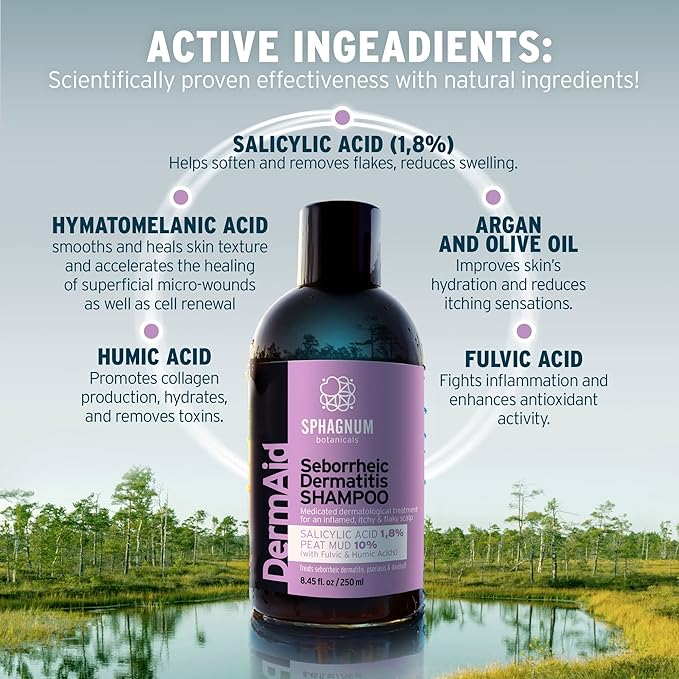 Sphagnum Botanicals Seborrheic Dermatitis Shampoo - Salicylic Acid with Natural Peat Mud for Treatment of Dry, Itchy, Flaky Scalp. Helps Also With Dandruff, Psoriasis & Eczema. 8.45 oz