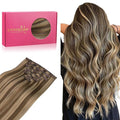 WENNALIFE Clip in Hair Extensions Real Human Hair, 18 Inch 120g 7pcs Remy Hair, Balayage Chocolate Brown to Caramel Blonde Hair Extensions Clip In Real Hair Coloured