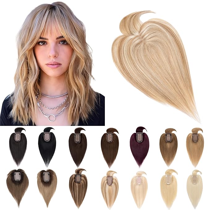 SEGO Hair Toppers for Women Real Human Hair With Bangs, 7 * 13CM Silk Base 100% Remy Human Hair Clip in Top Wiglet Hairpieces Add Volume -16 Inch Golden Brown&Bleach Blonde