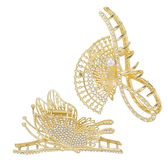 2PCS Gold Fan-Shaped Rhinestone & Pearl Hair Clips, Large Metal Claw Clips with Tassel, Elegant Hair Accessories for Women