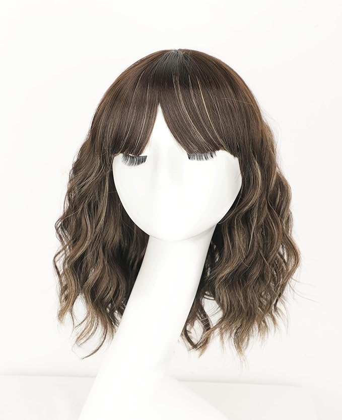 AISI HAIR Curly Bob Wig with Bangs Short Wavy Warm Medium Brown Color Wigs for Women Bob Style Synthetic Heat Resistant Bob Wigs