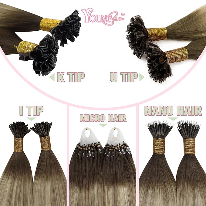 YoungSee K Tip Hair Extensions Balayage Keratin Tip Hair Extensions Balayage 24 Inch Long Dark Brown Ombre Brown with Blonde 50s/50g