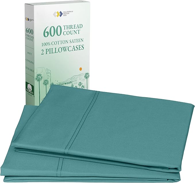 California Design Den Pillow Case King Size Set of 2 - Luxuriously Soft, Premium 600 Thread Count, 100% Cotton Pillow Cases King, Crisp Sateen - Teal