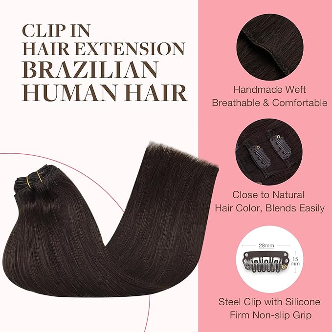 GOO GOO Clip in Hair Extensions Real Human Hair, Remy Human Hair Extensions Clip ins for Women, Natural Human Hair, 20inch 160g 7Pcs, #2A Light Brown