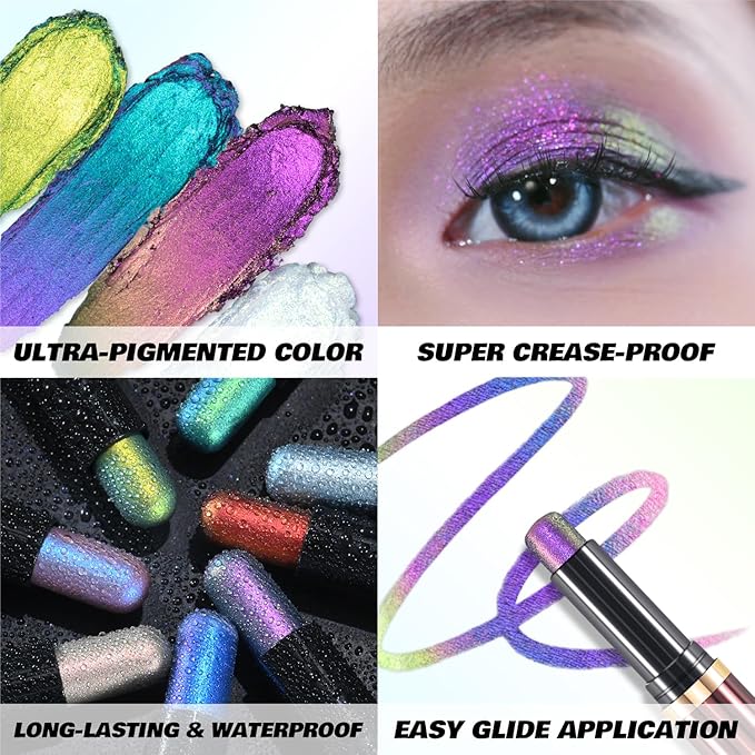 CHARMACY Duochrome Long Stay Eyeshadow Stick, Creamy Eye Shadow Stick, Multicolor-Shifting Glitter Eyeshadow, Waterproof & Smudge-Proof, High Pigmented, Built-in Smudger #04