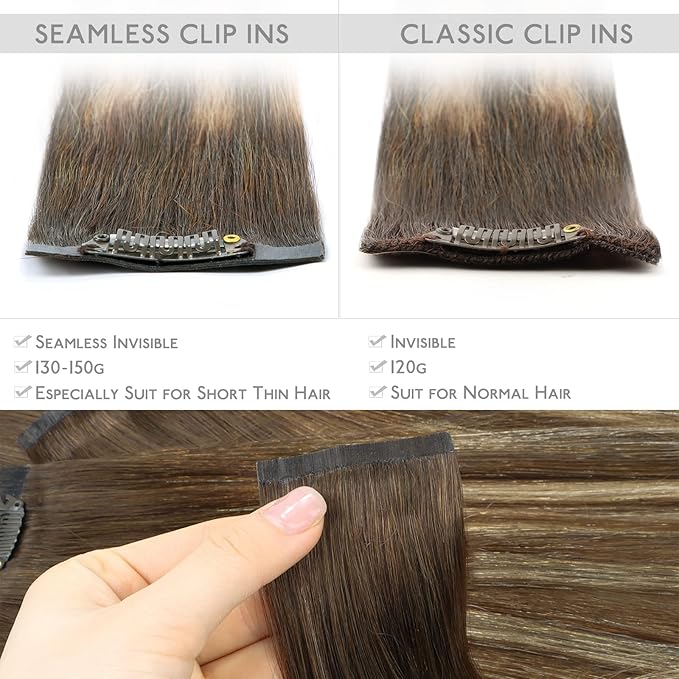 WENNALIFE Seamless Clip In Hair Extensions, 14 Inch 7pcs 130g Balayage Chocolate Brown to Honey Blonde Hair Extensions Clip In Invisible PU Skin Weft Real Human Hair Extensions Clip In