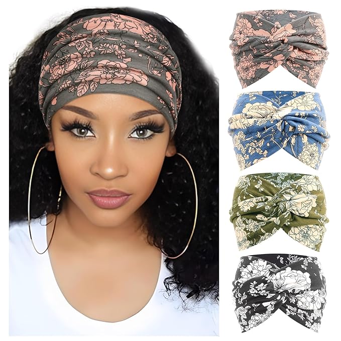 DRESHOW 4 Pack Turban Headbands for Women Wide Vintage Head Wraps Knotted Cute Hair Band Accessories