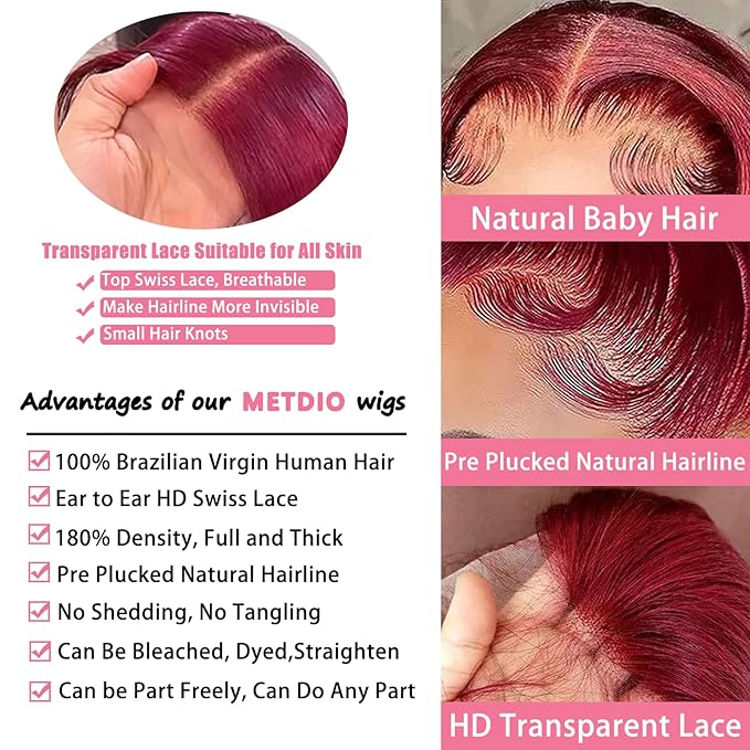 99J Burgundy Wig Human Hair 13x4 Body Wave Lace Front Wigs Human Hair 180 Density Pre Plucked Glueless Wine Red Colored Lace Front Wig for Women 20 Inch