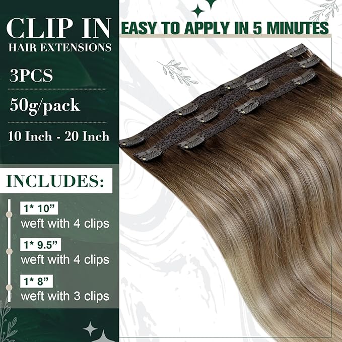 RUNATURE Balayage Clip in Hair Extensions, Real Human Hair Extensions Clip Ins, Double Weft Human Hair Clip in Extensions, Remy Natural Hair, 14 Inch 50g 3pcs #3/8/22 Walnut Brown to Blonde Balayage