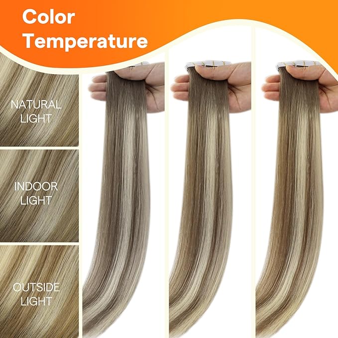 Full Shine Invisible Seamless Tape in Hair Extensions Real Human Hair 22 Inch Color 4/24/4 Brown Fading to Blonde and Brown Insert Remy Silky Injection Tape in Extensions 20 Pcs 50 Grams Add Length