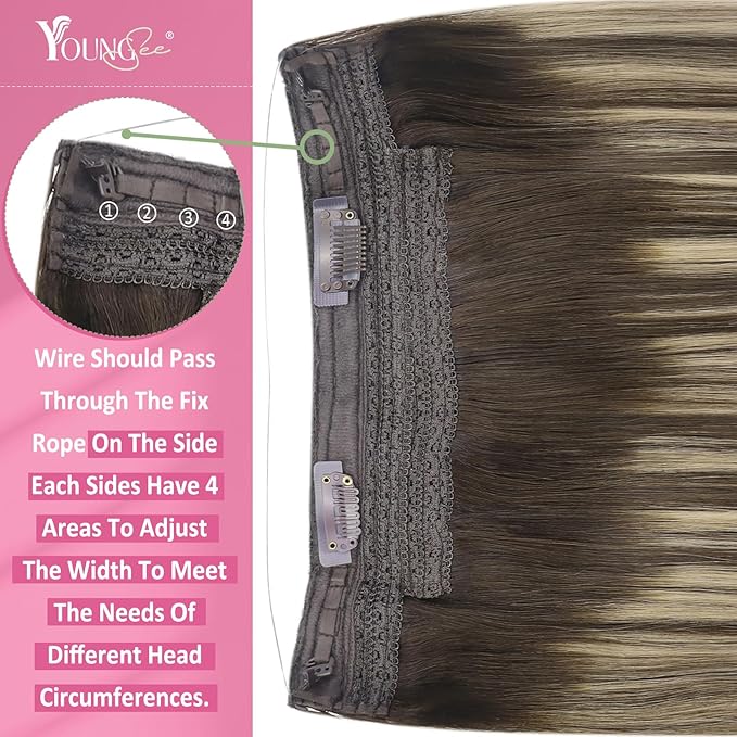 YoungSee Human Hair Wire Extensions Balayage Hair Extensions Wire Ombre Dark Brown with Ash Blonde One Piece Hair Extensions Real Human Hair for Natural Look 18Inch 80G